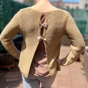 Sweater Womens Medium Beige Sheer Back Sequins Round Neck Bow Accent